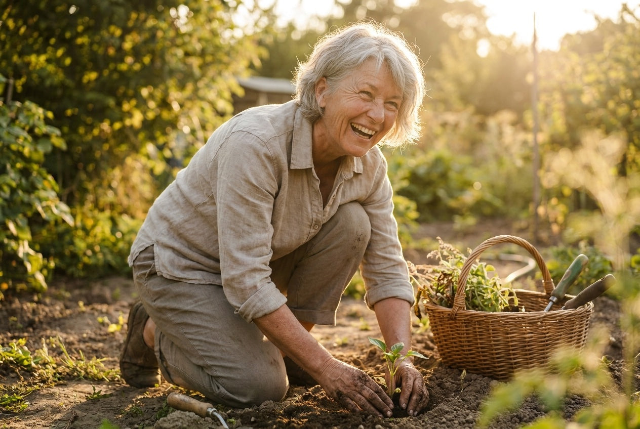 Woman kneeling comfortably in her garden, planting flowers and laughing