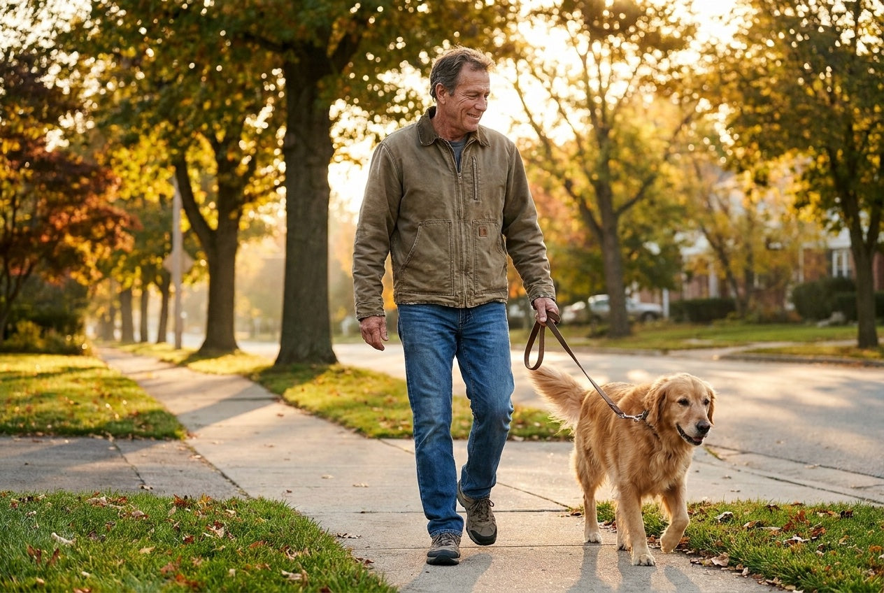 Man walking his dog comfortably at sunrise