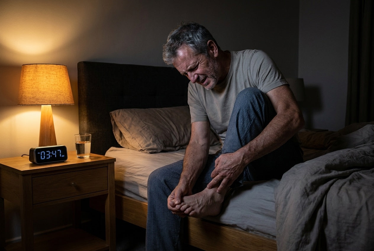 Man sitting on the edge of his bed at night, holding his foot