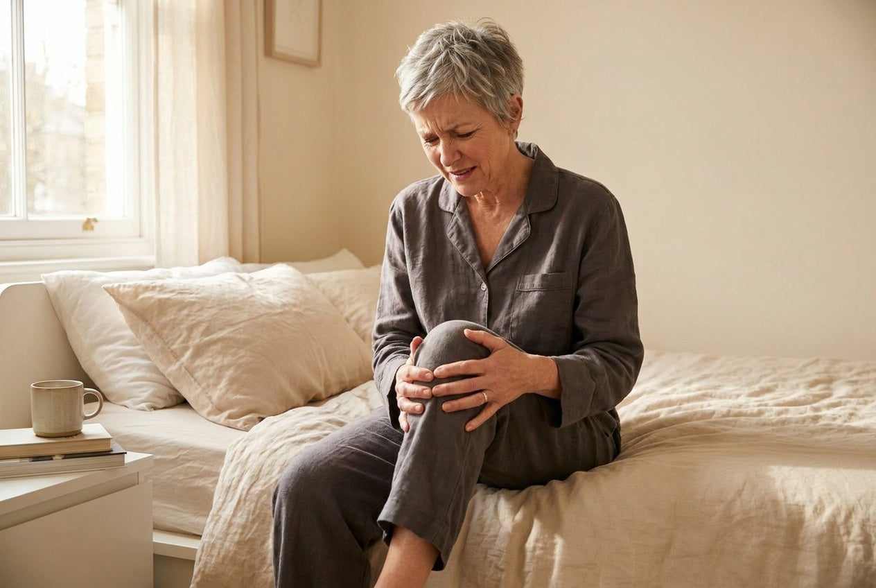 Woman sitting on the edge of her bed in the morning, holding her knee