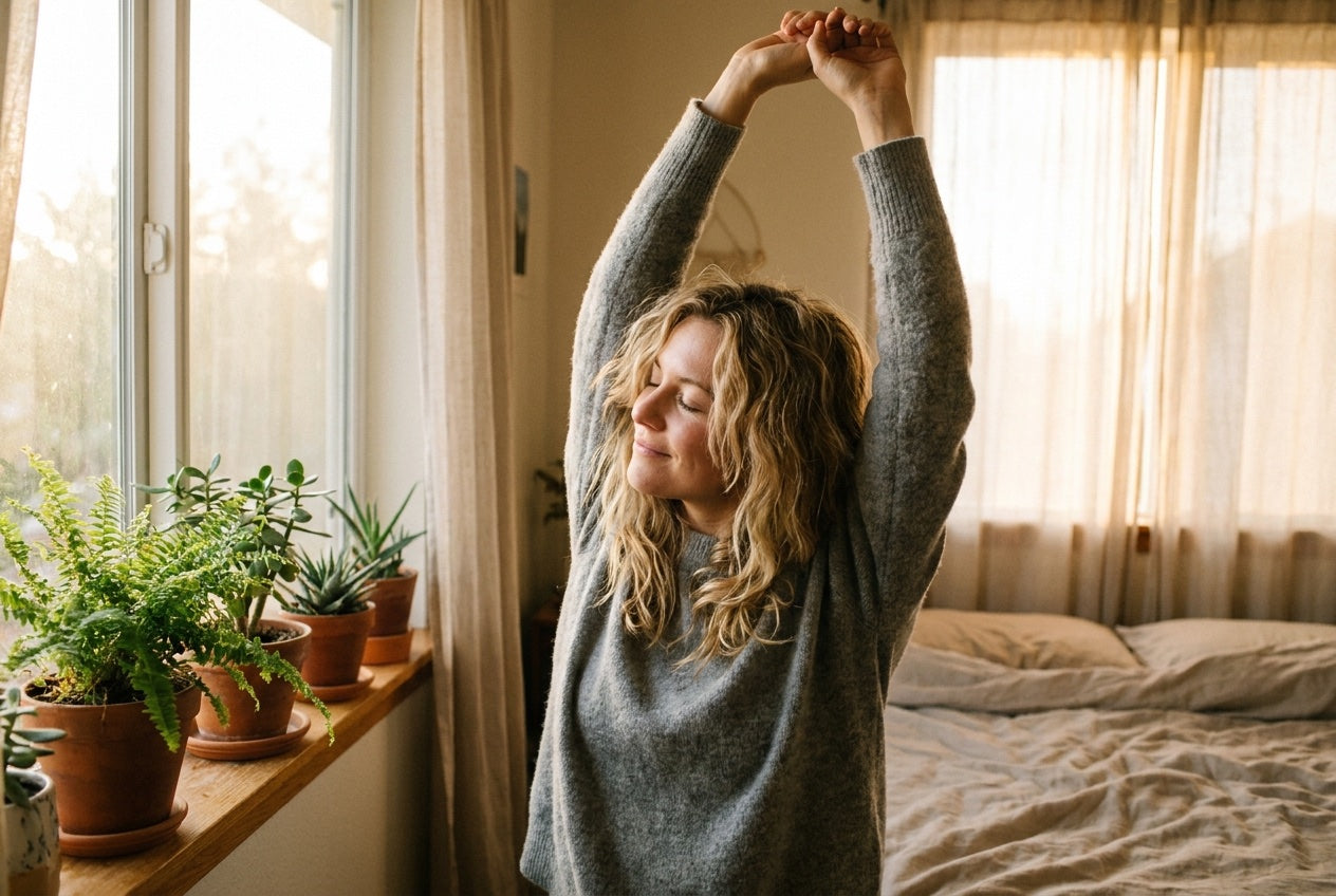 Woman stretching by a sunlit window in the morning, rested