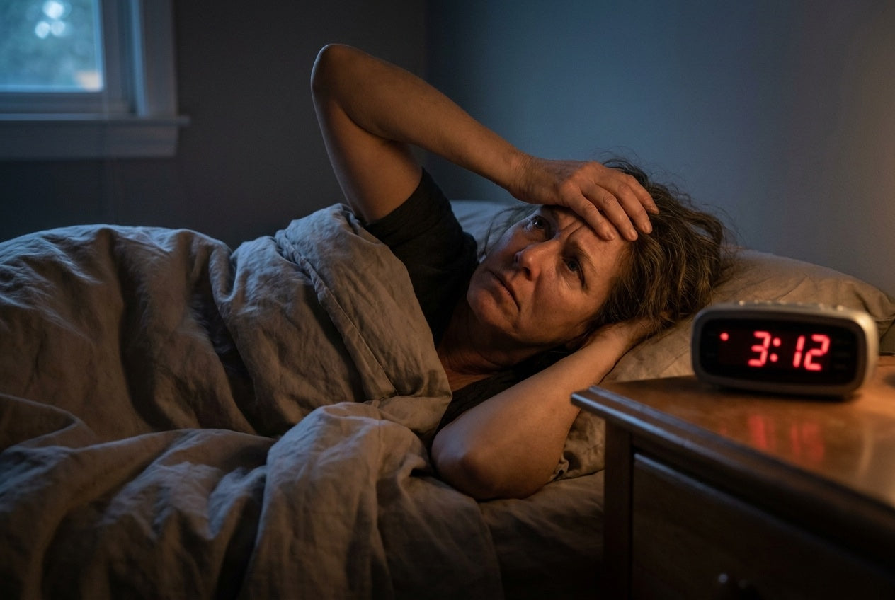 Woman lying awake in bed at night, staring at the ceiling